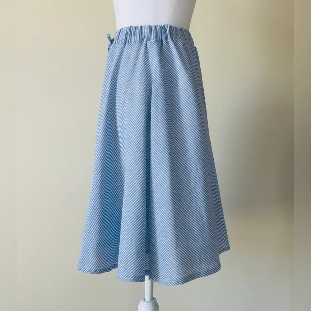 Youlanysai Blue & White Striped, Knee-Length, A-line skirt with Elastic Waist